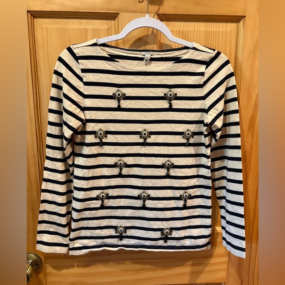 J. Crew Jeweled Embellished Striped Long Sleeve Top Cream/navy stripe women’s XS